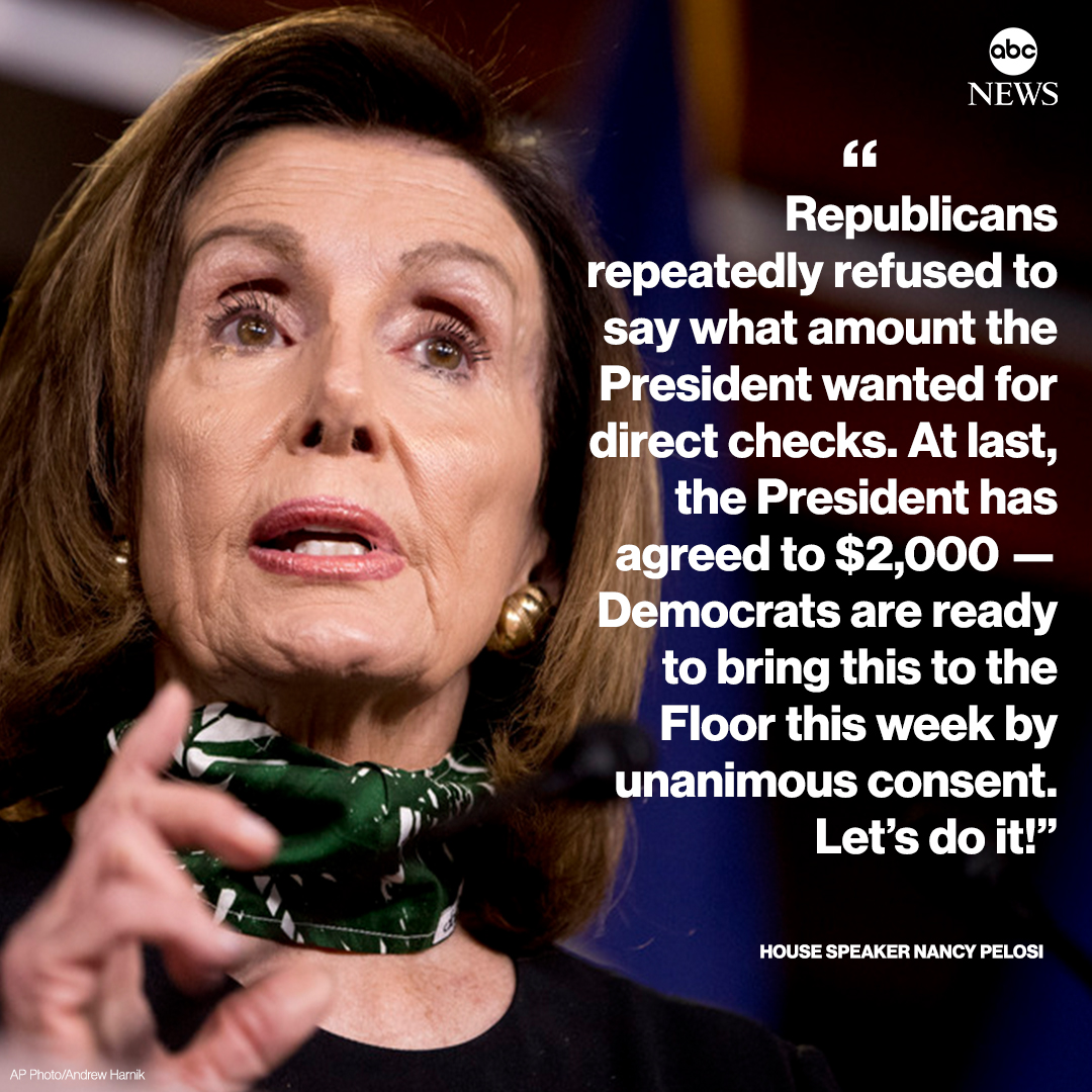 ABC's tweet photo. Pres. Trump’s call for $2,000 stimulus checks drew immediate support from House Speaker Nancy Pelosi: “At last, the President has agreed to $2,000 — Democrats are ready to bring this to the Floor this week by unanimous consent. Let’s do it!” https://t.co/vVlSEOpdWP https://t.co/4tgHYOpRWU