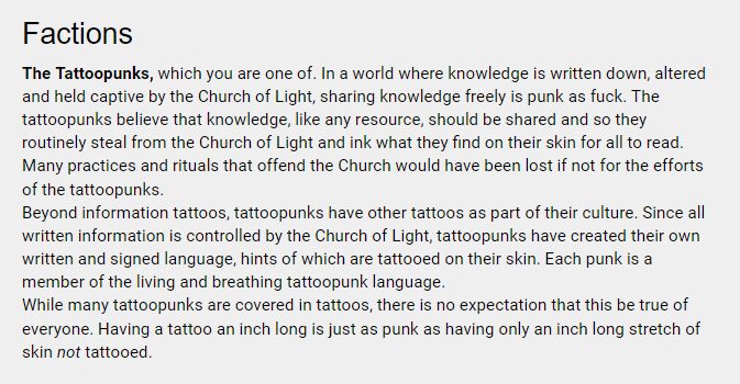 ink_and_stories's tweet photo. Working on a #Tattoopunk hack of The Spider and the City (link below). A major part of TS&TC is factions, so here's what I've written up about the tattoopunks themselves.
#TTRPG #IndieDev #IndieGame https://t.co/RvXJtbZM3m