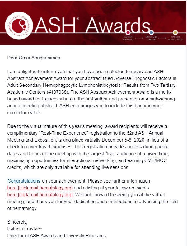 Ayman Qasrawi (@aymanqasrawi) on Twitter photo Our collaborative study with the UNMC about adverse prognostic factors in HLH won the 2020 ASH Achievement Award!! Collaboration is the cornerstone of successful research! <a href="/omarabughanimeh/">Omar Abu Ghanimeh</a> <a href="/UNMCHemeOnc/">UNMC Heme Onc</a> <a href="/UKMarkey/">Markey Cancer Center</a> <a href="/drghildebrandt/">Gerhard Hildebrandt</a> <a href="/DrJulieVose/">Julie Vose</a> @Dr_MBaljevic <a href="/UK_HealthCare/">UK HealthCare</a> Our collaborative study with the UNMC about adverse prognostic factors in HLH won the 2020 ASH Achievement Award!! Collaboration is the cornerstone of successful research! <a href="/omarabughanimeh/">Omar Abu Ghanimeh</a> <a href="/UNMCHemeOnc/">UNMC Heme Onc</a> <a href="/UKMarkey/">Markey Cancer Center</a> <a href="/drghildebrandt/">Gerhard Hildebrandt</a> <a href="/DrJulieVose/">Julie Vose</a> @Dr_MBaljevic <a href="/UK_HealthCare/">UK HealthCare</a>