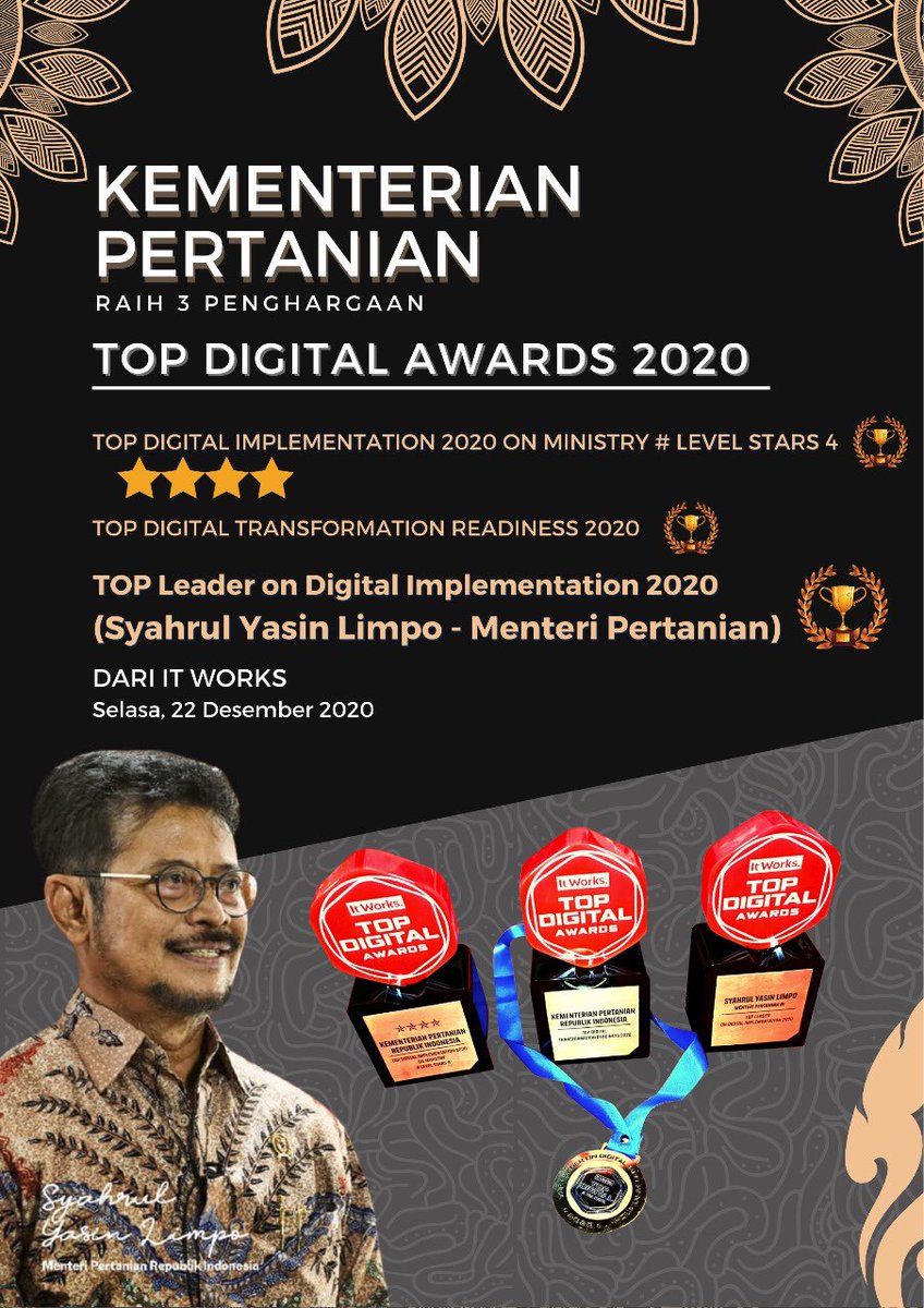 kementan's tweet photo. #Sobatani Kementan Raih 3 penghargaan dalam acara Top Digital Award 2020 yang diselenggarakan oleh Majalah It Works.

Salah satunya adalah penghargaan sebagai Top Leader on Digital Implementation 2020 yang diraih oleh Mentan @Syahrul_YL.

#pertanianIndonesiamaju https://t.co/zfc2oZjiTC