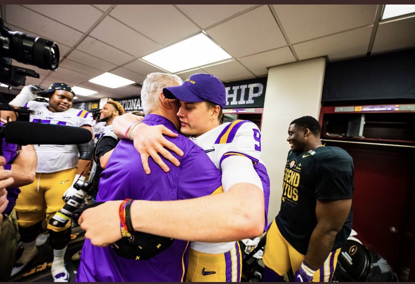 One of my favorite pictures . True love between player and coach . What Coach E. did for Joe was always underestimated . Joe and the Burrow family know how much he meant to Joe . He coached Joe to a Heisman trophy and LSU to a National Championship. Enough said . Thanks Coach .