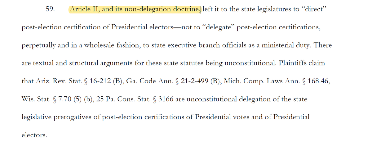 Oh, good. It's not enough to invent "legislative post-election certification." Now we're inventing an associated doctrine to make this unicorn of an argument non-delegable.