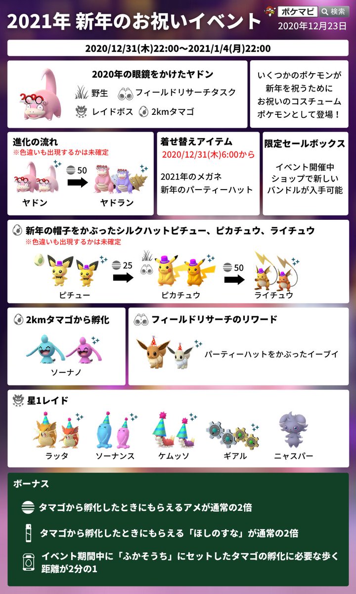 ポケモンgo攻略情報 ポケマピ En Twitter 2021年 新年のお祝いイベント 期間 2020 12 31 木 22時 2021 1 4 月 22時 2020メガネをかけたヤドン 進化で2021メガネをかけたヤドランに お祝い帽子をかぶったピチュー ピカチュウ ライチュウ パーティー