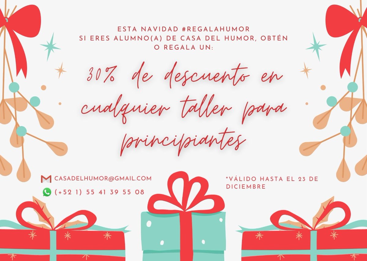CasaDelHumorMX's tweet photo. ¿Eres alumno/a de @CasaDelHumorMX? 👀
¡Tenemos un 30% DE DESCUENTO para ti o un/a amigo/a en nuestros #talleresonline de #standup, #impro, #clown y #teatrocabaret si liquidas mañana 23 de diciembre! 😍
Más info: 📲5541395508 (WA) 📩casadelhumor@gmail.com
#FelizMartes #RegalaHumor https://t.co/7nOyBkJZwz
