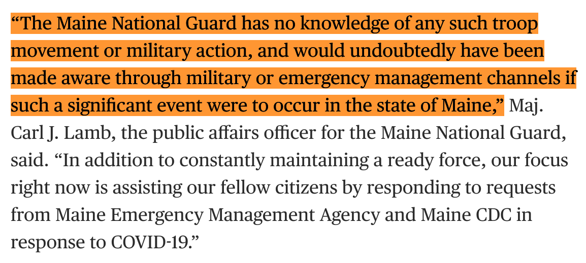 I called the Maine National Guard and, obviously, contrary to QAnon rumors, there is no secret Chinese invasion of Maine.But the pro-Trump internet is alight with new calls for dictatorship and fantasies about Trump as an irremovable wartime president. https://www.nbcnews.com/tech/internet/trump-meets-qanon-influencers-conspiracy-theory-s-adherents-beg-dictatorship-n1252144