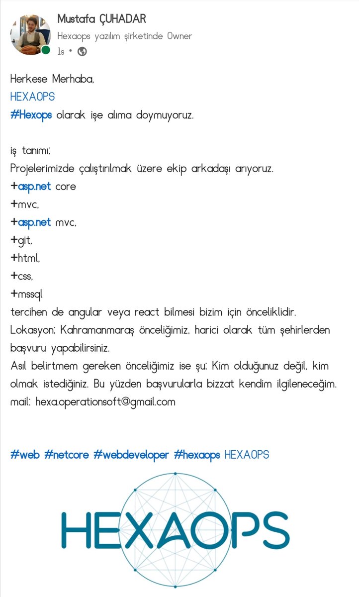 hexaopsoft's tweet photo. Neden başvurmayı denemiyorsunuz? 😏
#hexaops @onbesadam @citizenatilgan #AspNetCore #ArtificialIntelligence #MilliTeknolojiHamlesi #MilliSavunmaSanayi https://t.co/xH0wPNoMHA