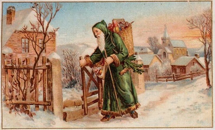 The English Father Christmas — merged with St Nicholas/Santa Claus in the late 19th century, but originally separate & gave no gifts to children!  http://www.arthuriana.co.uk/xmas/pages/english.htm