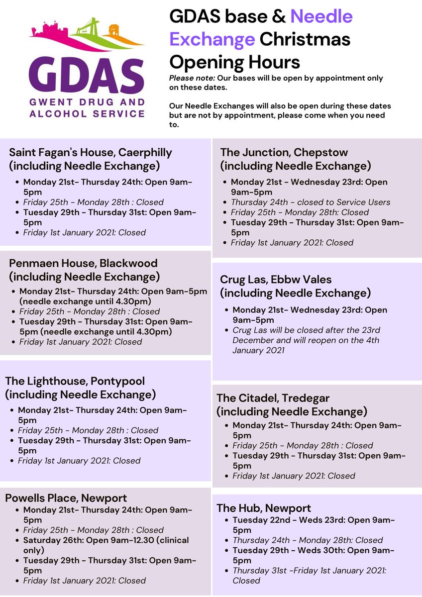 TheGDAS's tweet image. Our bases and #NeedleExchanges are going to be closing at the end of the day today. Powells Place will open Boxing Day for dispensing but others will reopen next week and some in January. Check out all the information in the picture below to find out what you need to know⬇️