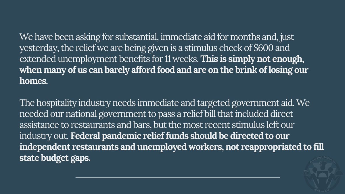 PGHRWA's tweet photo. A statement from Pittsburgh Restaurant Workers Aid regarding the current restrictions on restaurants in Pennsylvania and the need for targeted government aid for workers and our industry.
#supportrestaurantworkers https://t.co/DbDnibYEOU
