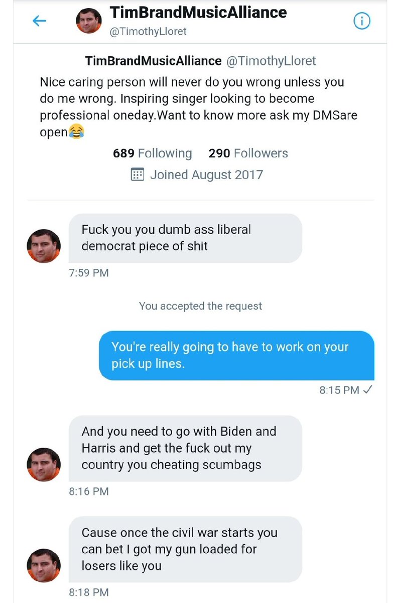 sunni1515's tweet photo. Hey everyone this domestic Terrorist @LloretTimothy had been making Death Threats to our friend my sis @leonalioness6 we must not let him get away with this to our fellow Americans @FBI @CIA @MomsDemand @shannonrwatts This is his new twitter handle. @jack @TwitterSafety https://t.co/G8Q5W1i1pW