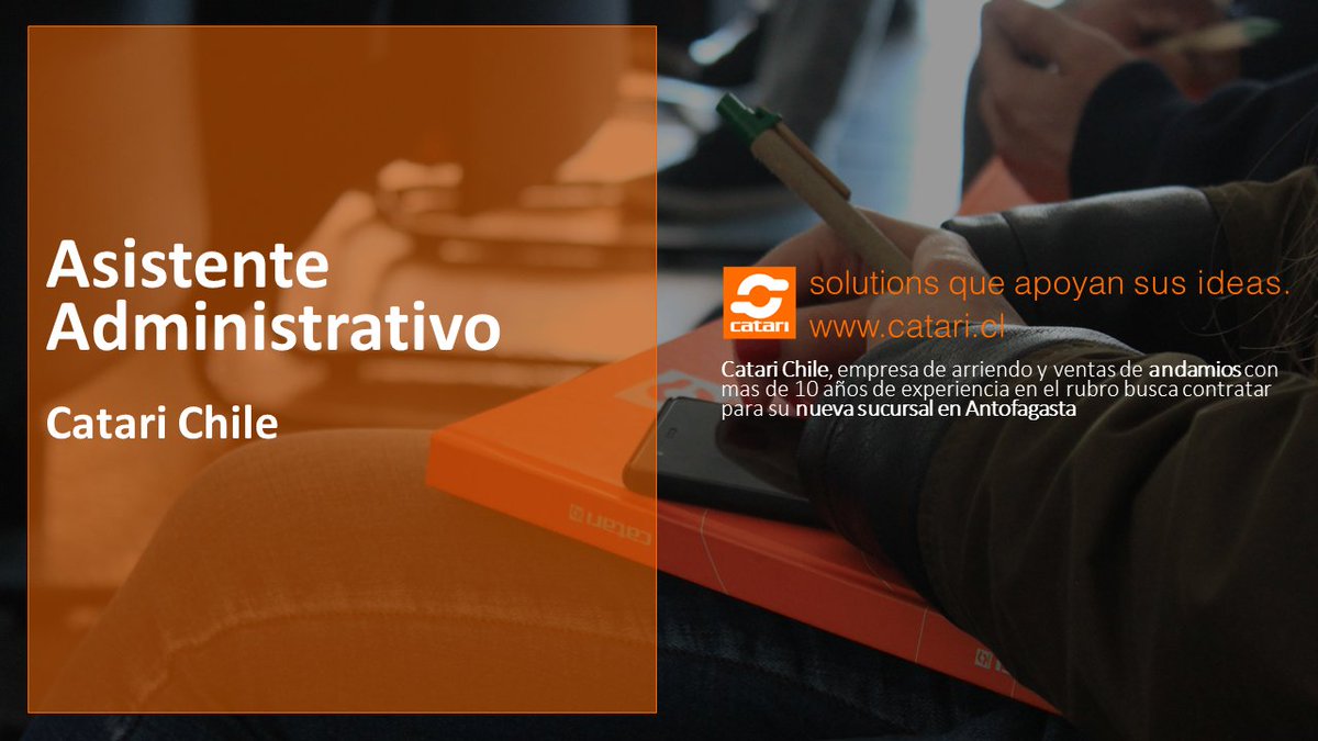 catarigroup's tweet photo. 🇨🇱 Asistente Administrativo

Catari Chile, empresa de arriendo y ventas de andamios con mas de 10 años de experiencia en el rubro busca contratar para su nueva sucursal en Antofagasta.

Candidaturas en https://t.co/vorxV7kAL0

#emprego #catari #chile #andamios https://t.co/aRDMiHXVnB