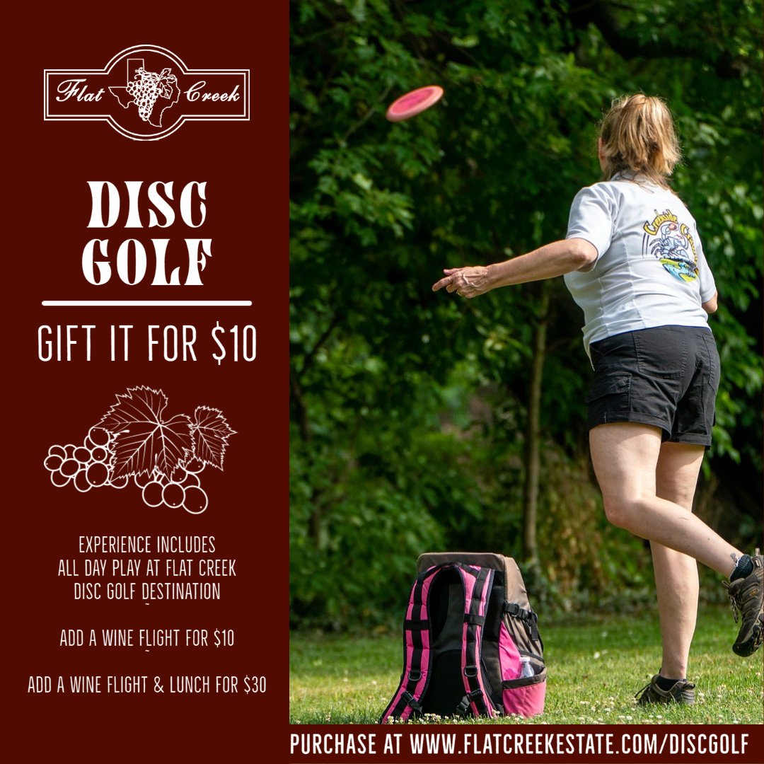 Share one of Texas' top Disc Golf Courses with your fellow golfers for Christmas! Get a gift card to enjoy the one of a kind vineyard disc golf course.  Packages range from $10 Day Passes to $20 - $40 Packages Inclusive of Wine &amp; Food! #discgolf 

Order - bit.ly/3if5rXU