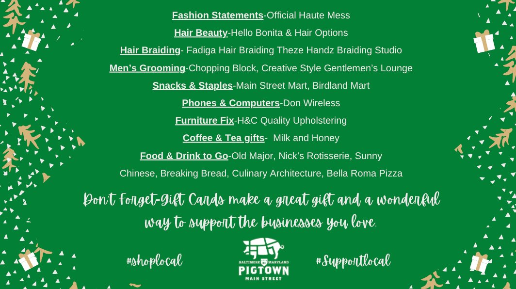 Shop small for all your last minute holiday shopping and remember you can find it all in Pigtown!

#Pigtown #ShopSmall #Shoplocal #Baltimore #PigtownMainStreet #MainStreet