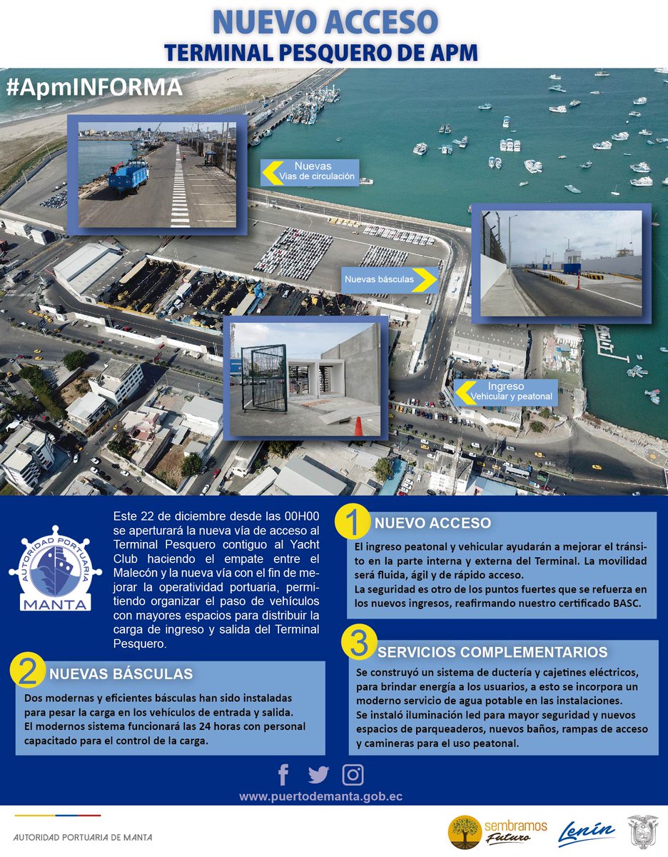 APortuariaManta's tweet photo. #ApmInforma a los usuarios de #APM y a la ciudadanía en general que el nuevo acceso al #TerminalPesquero de #Manta ubicado junto al Yacht Club, se encuentra habilitado.
Se recomienda circular con precaución. https://t.co/w4FAjogSpy