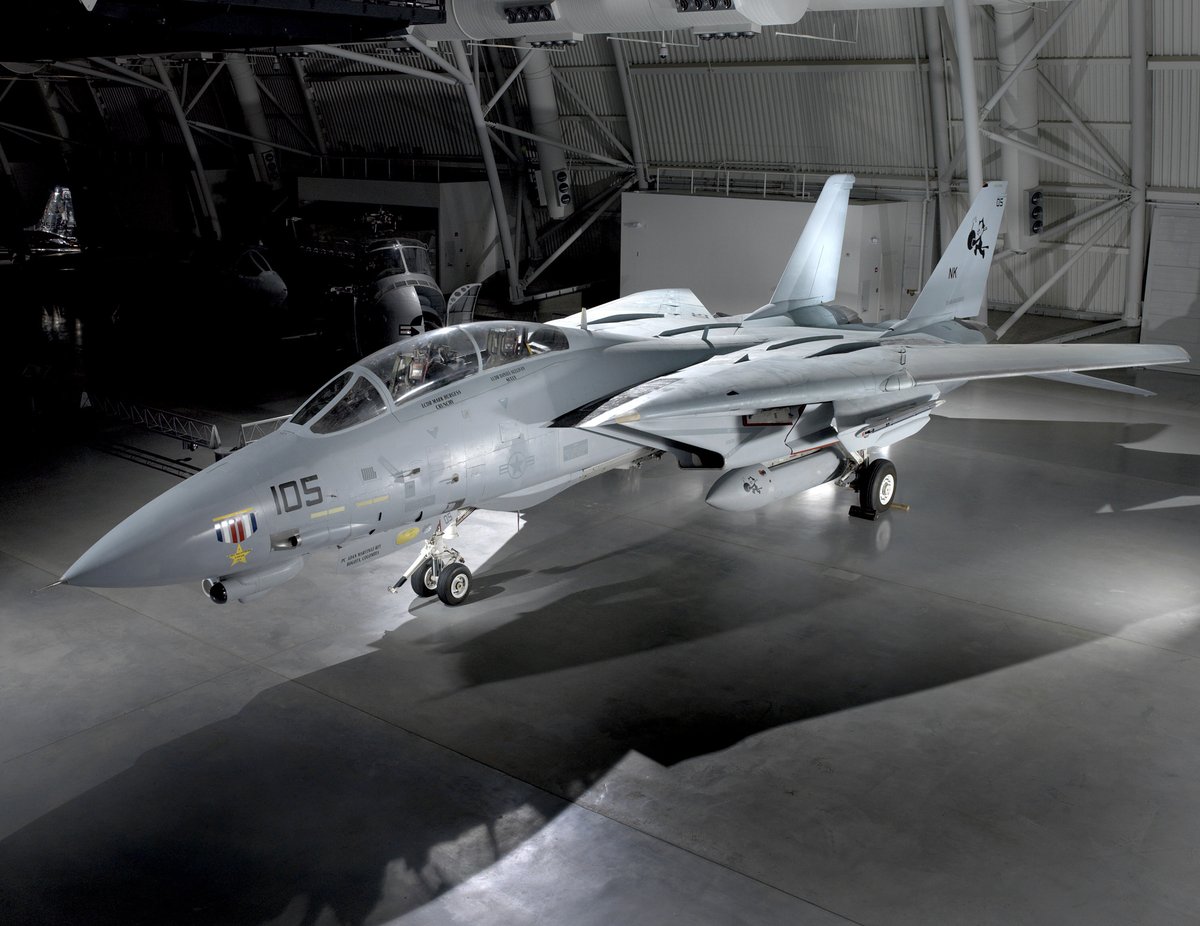 Gray F-14 aircraft in museum setting