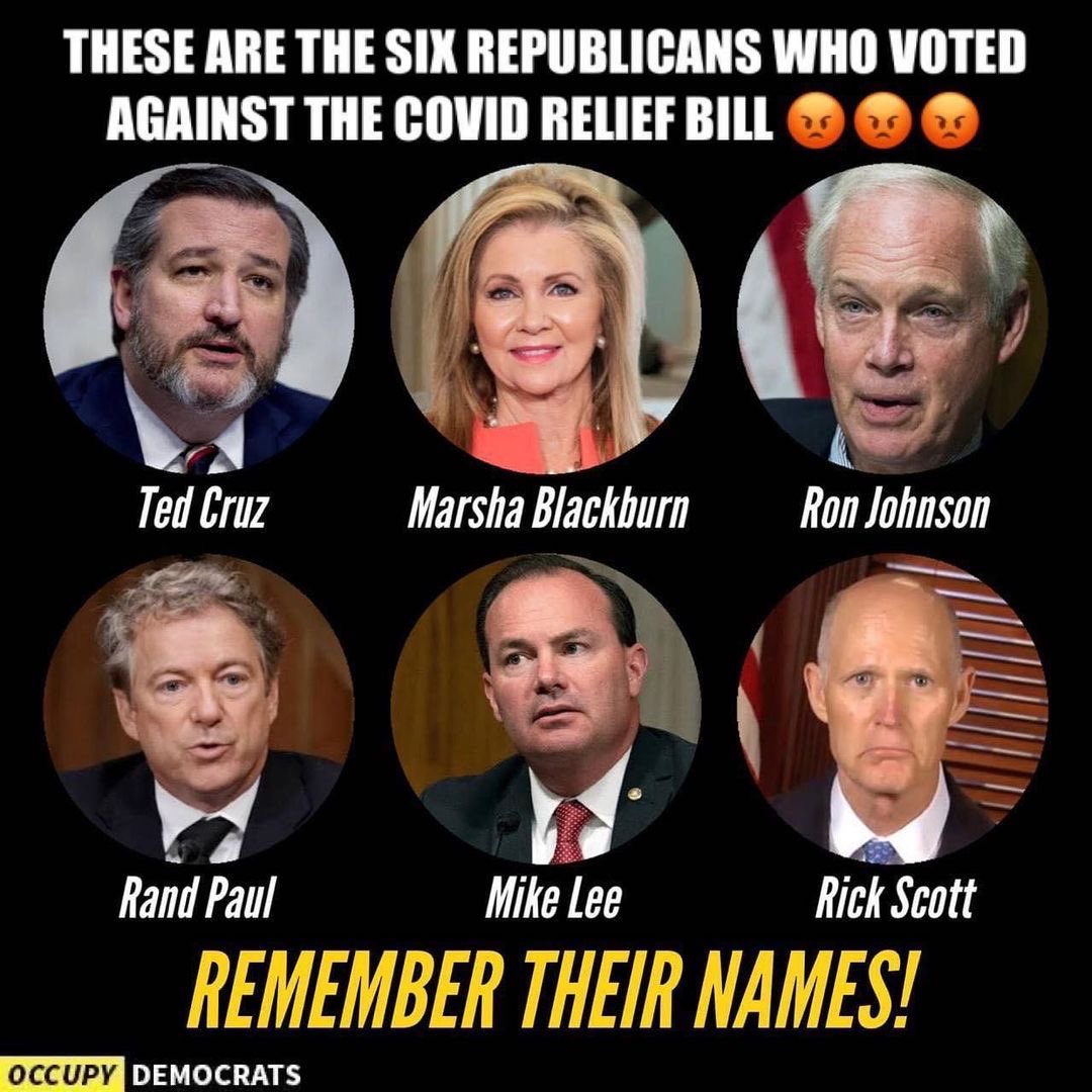 BradBeauregardJ's tweet image. The six Republicans who voted against covid relief.

@tedcruz 
@MarshaBlackburn 
@RonJohnsonWI 
@RandPaul 
@SenMikeLee 
@SenRickScott 

Remember their names