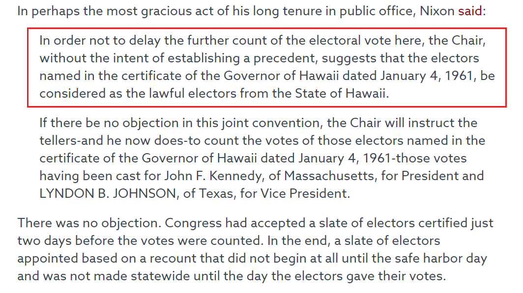 Richard Nixon presided over the count in Congress that year. He made a unilateral decision and disqualified his own elector's votes, submitting only the votes for Kennedy (despite the fact that his electors were the only ones with a certificate that met the safe-harbor deadline).