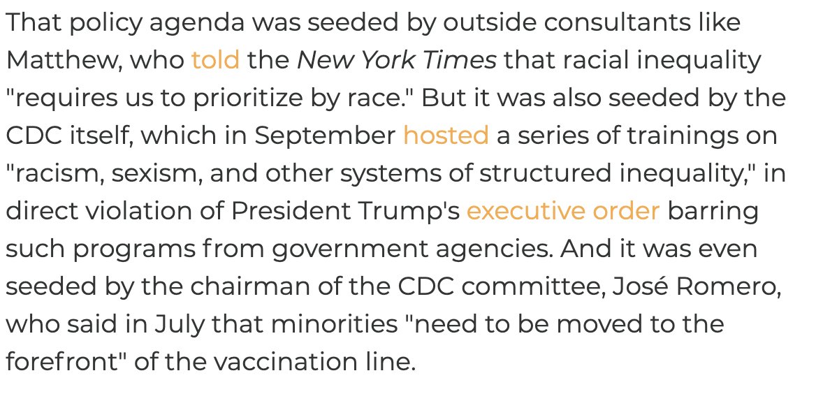 She also told the New York Times that racial inequality "requires us to prioritize by race." The chair of the CDC committee in charge of vaccine priorities, Jose Romero, agreed with her. And their worldview is hardly an outlier at the CDC, as its diversity trainings suggest.