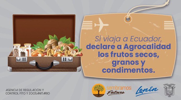 AgrocalidadZ6's tweet photo. Al ingresar a Ecuador, declare ante #Agrocalidad los frutos secos, granos y condimentos, tostados, molidos, triturados o laminados. #EcuadorSin Plagas https://t.co/Xq8QsQCSNZ
