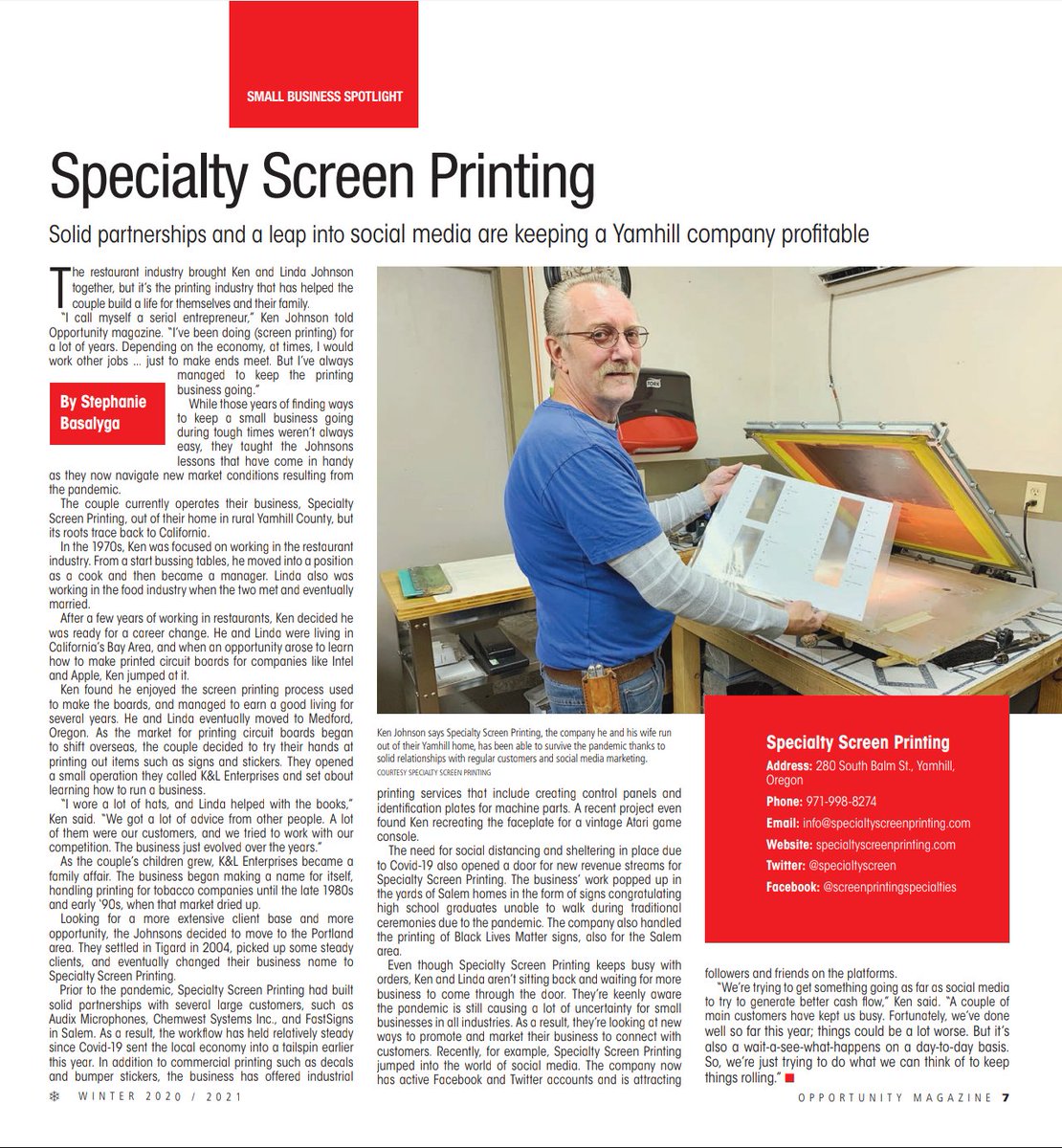 ScreenSpecialty's tweet photo. Here's a recent article about #SpecialtyScreenPrinting that appeared in Opportunity magazine.
#Marketing #SocialMedia #RecoveryPlan https://t.co/KofDc6hPQH