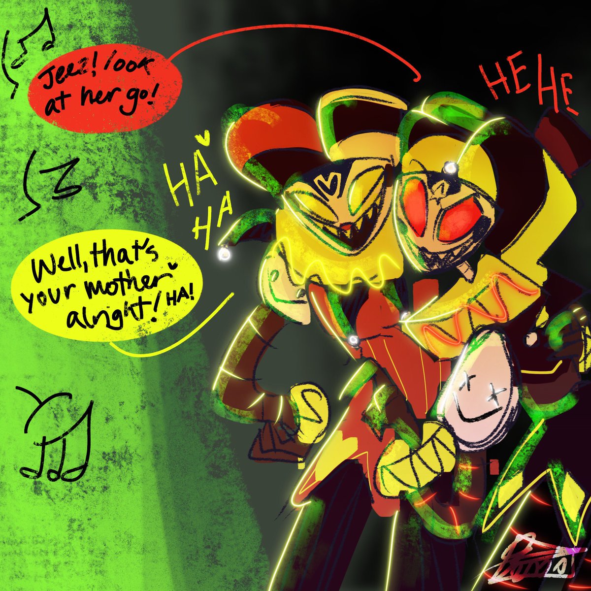 SpiderrWebss's tweet photo. “that’s you’re mother alright!”

father showing his daughter the ropes of the circus via mama performing 👀🎆✨🧃
#helluvaboss #robofizz #helluvabossoc #HazbinHotel https://t.co/fyiHeHfRGS