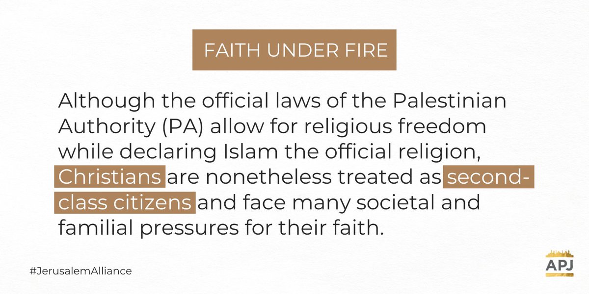 Jeru_Alliance's tweet photo. Palestinian Christians suffer under the government of the Palestinian Authority. Please join us in praying for their safety and their peace. 🙏 Learn more about their persecution here: https://t.co/ui7X7rN8VD

#JerusalemAlliance #persecutedchurch https://t.co/OhSaR8gcAT