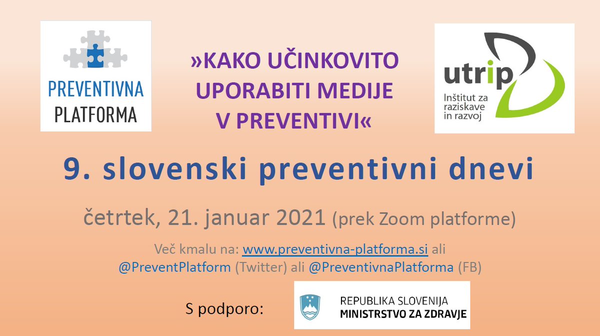 PreventPlatform's tweet photo. SHRANITE DATUM! V sklopu #SPD9 najavljamo nov dogodek, in sicer na temo uporabe medijev v #preventiva. Več info kmalu na https://t.co/FkIDbhla7C ter na FB &amp; Twitter profilu @PreventPlatform 

@MinZdravje @NIJZ_pr @MOSA_portal @SOPA_projekt @NoExcuseSlo @zdravje_okolje @tobakzveza https://t.co/F1VAQ0i2jf