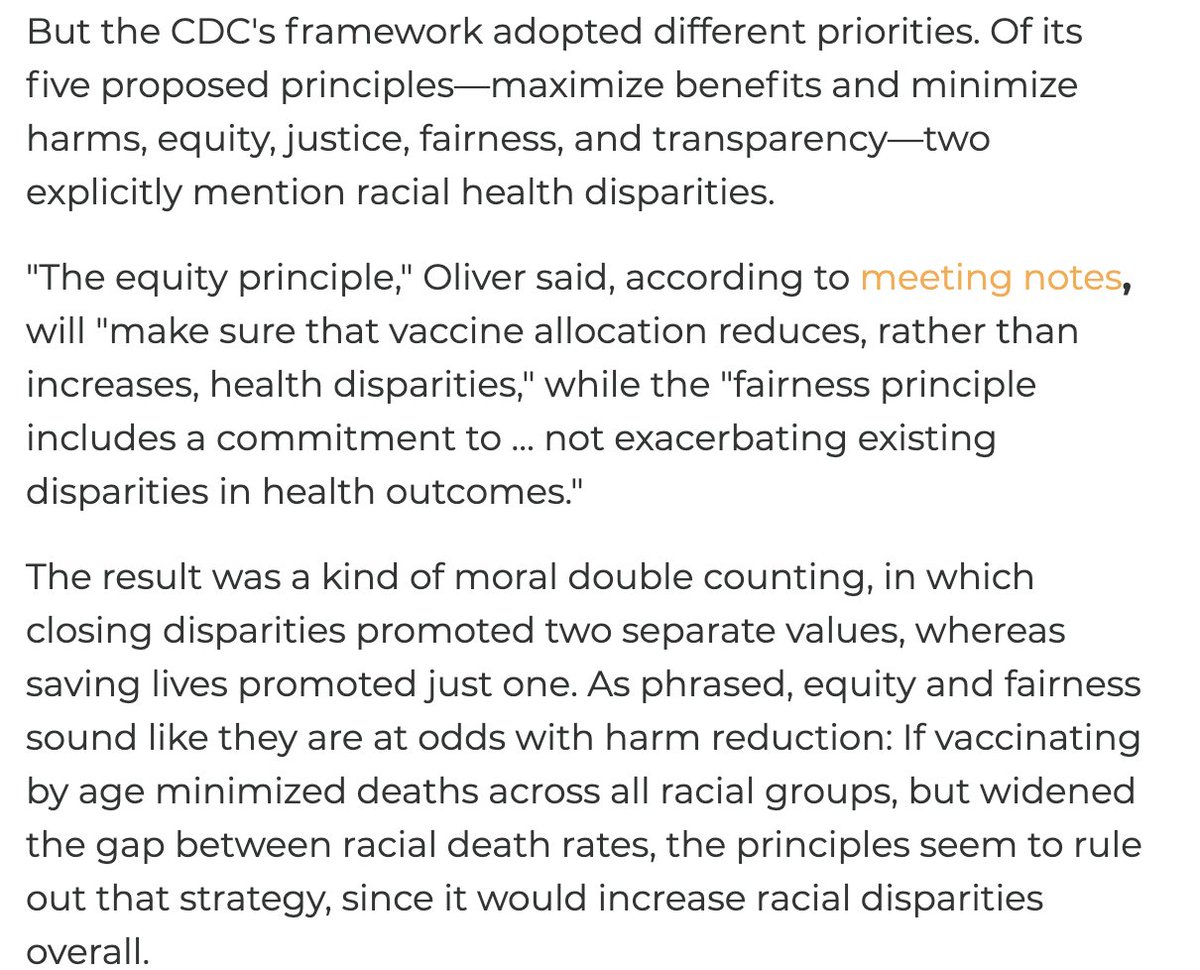 But the CDC's own framework reflects different priorities. Of its five ethical principles, two mention racial health disparities, resulting in a kind of moral double counting. Those principles also seem to be in tension with harm reduction. See the thought experiment below.