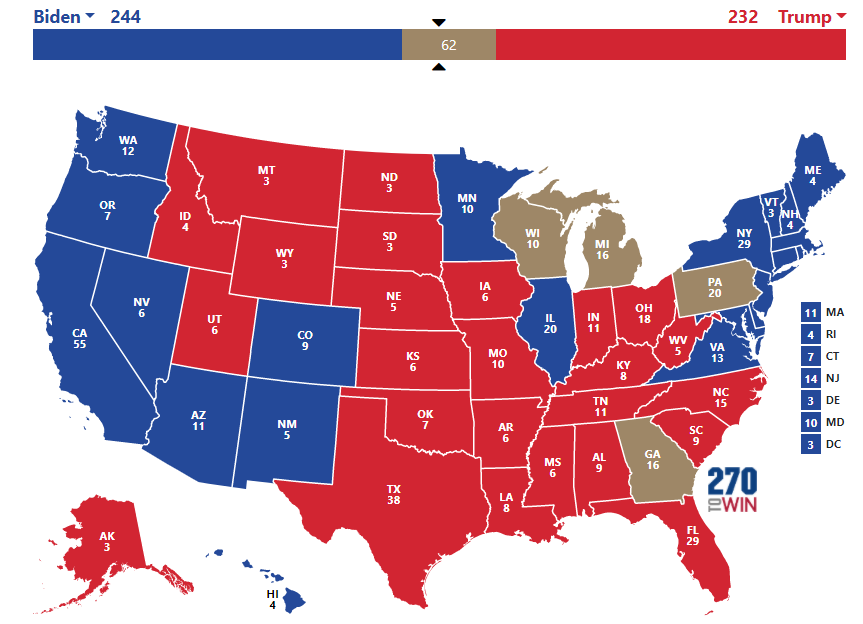 The rejection of 4 states would leave both candidates short of 270 electoral votes. There is no rule indicating that the total of 538 possible electoral votes changes if some votes are disqualified. One could argue that both candidates would still need 270 votes.