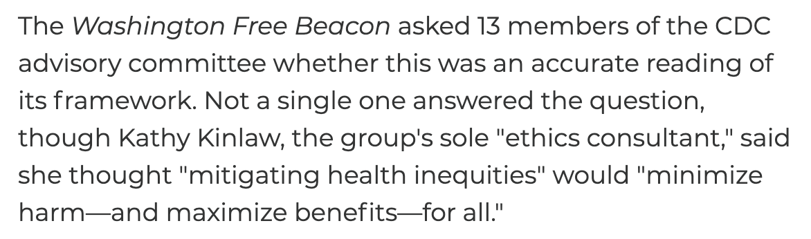 I'm a charitable guy, so I asked 13 members of the committee if I was misreading the principles. None of them answered my question, although Kathy Kinlaw, the group's sole "ethics consultant," simply denied that there were any tradeoffs between equity and harm reduction. Uh-huh.