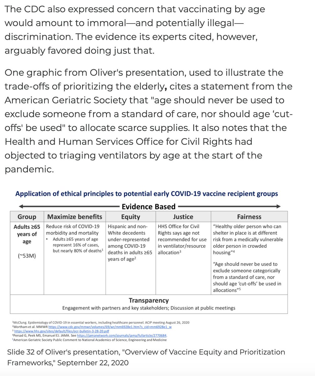 The CDC also expressed concern that prioritizing the elderly would be ageist. To make that case, it cited two statements—one from the American Geriatric Society, the other from HHS's Office for Civil Rights—about the horrors of age cutoffs. But it left out some crucial context...