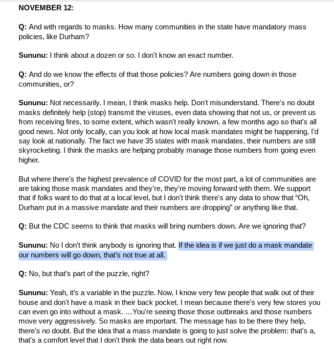 Here are the transcripts. On left, what Sununu said about mask mandates on Nov 12. (He announced NH's mandate Nov 19).On right, what Sununu said about more restrictions today. The phrasing is very similar. #nhpolitics