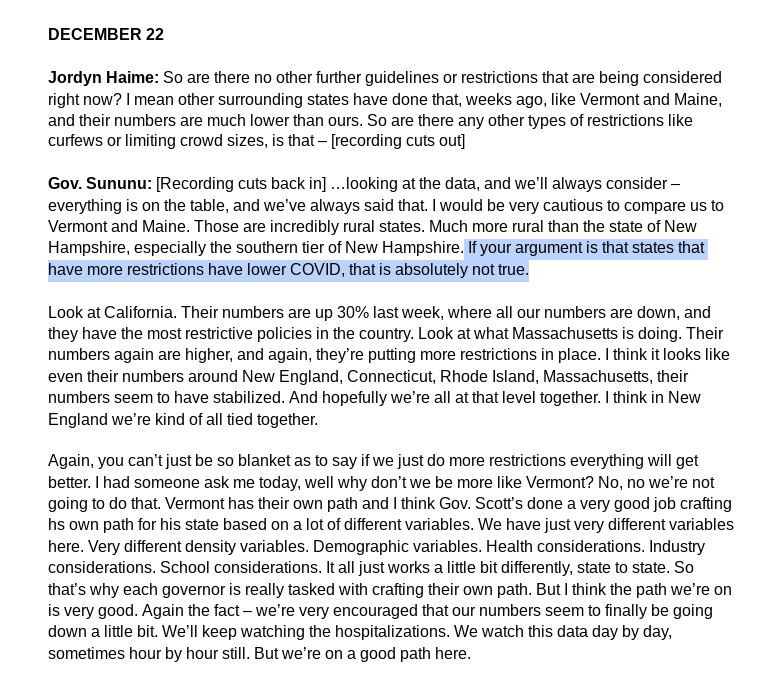 Here are the transcripts. On left, what Sununu said about mask mandates on Nov 12. (He announced NH's mandate Nov 19).On right, what Sununu said about more restrictions today. The phrasing is very similar. #nhpolitics