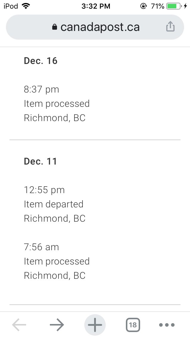 rosesarich's tweet photo. @canadaposthelps can you please explain why my parcel(s) “departed” Richmond after getting “processed” but last info I got it’s back there getting “processed” again!????   see attached screen shot plz https://t.co/7puy18PerB