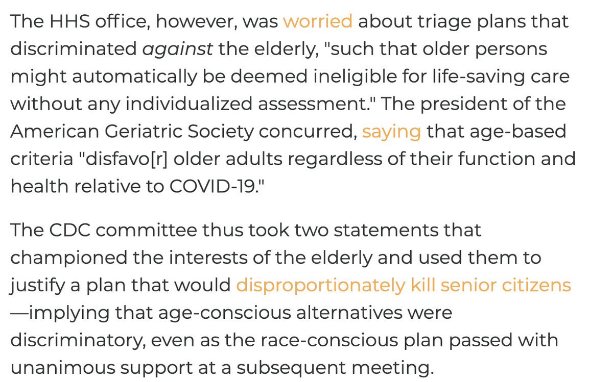 Both the American Geriatric Society and HHS were worried about triage policies that DENIED the elderly care on the basis of age. So the CDC took two statements championing the interests of the elderly and used them to justify a plan that would disproportionately kill old people.