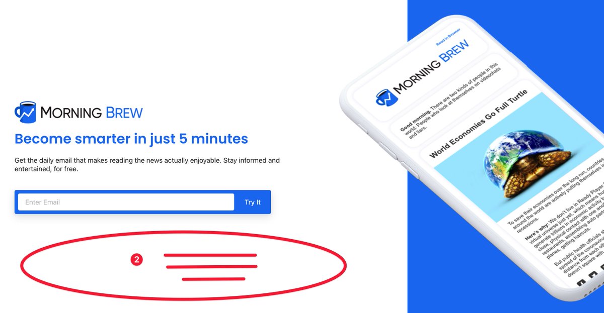 2 -Morning Brew is well-known.But adding some social proof here would still go a long way.Quote from a reader, famous readers, etc.