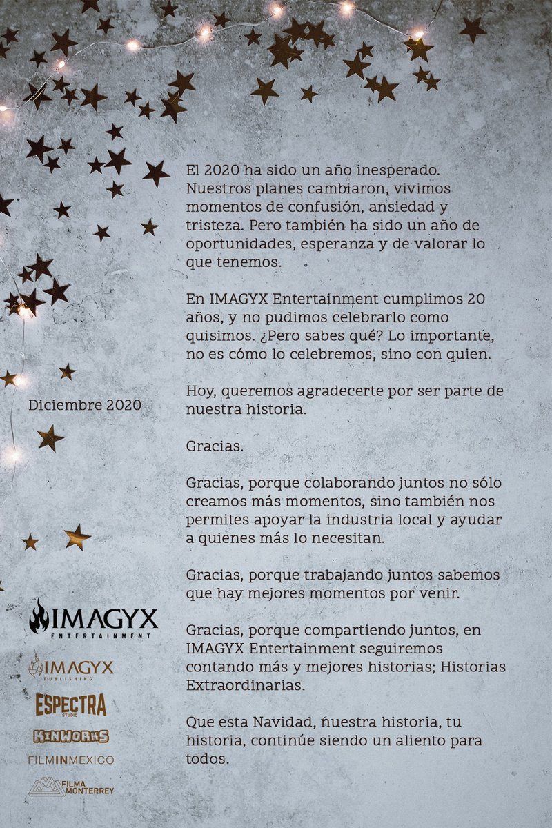 imagyx's tweet photo. Todo el equipo de @imagyx, @EspectraStudio, @FilmInMexico y @FilmaMonterrey queremos agradecerte por ser parte de nuestra historia. Que tengas una muy #FelizNavidad y que en el 2021 puedas realizar todos los planes y proyectos que este año nos interrumpió. #Gracias https://t.co/jVgSeb94rm