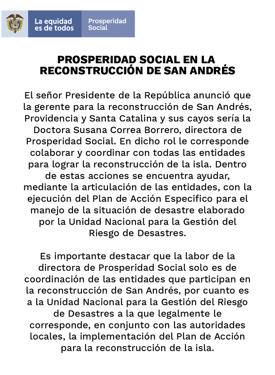 ProsperidadCol's tweet photo. .@ProsperidadCol Comunica a la ciudadanía general e interesados sobre la Gerencia de la reconstrucción del archipiélago de San Andrés, Providencia y Santa Catalina. https://t.co/YUKHL4UOZ1