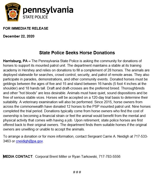 PSPTroopJPIO's tweet photo. The @PAStatePolice is looking for individuals to assist with donating horses to the Mounted Unit.  This unit is an essential part of the Pennsylvania State Police. If you or anyone you know are interested, please send them our way!! #Horsepower https://t.co/WOTGbJomxU
