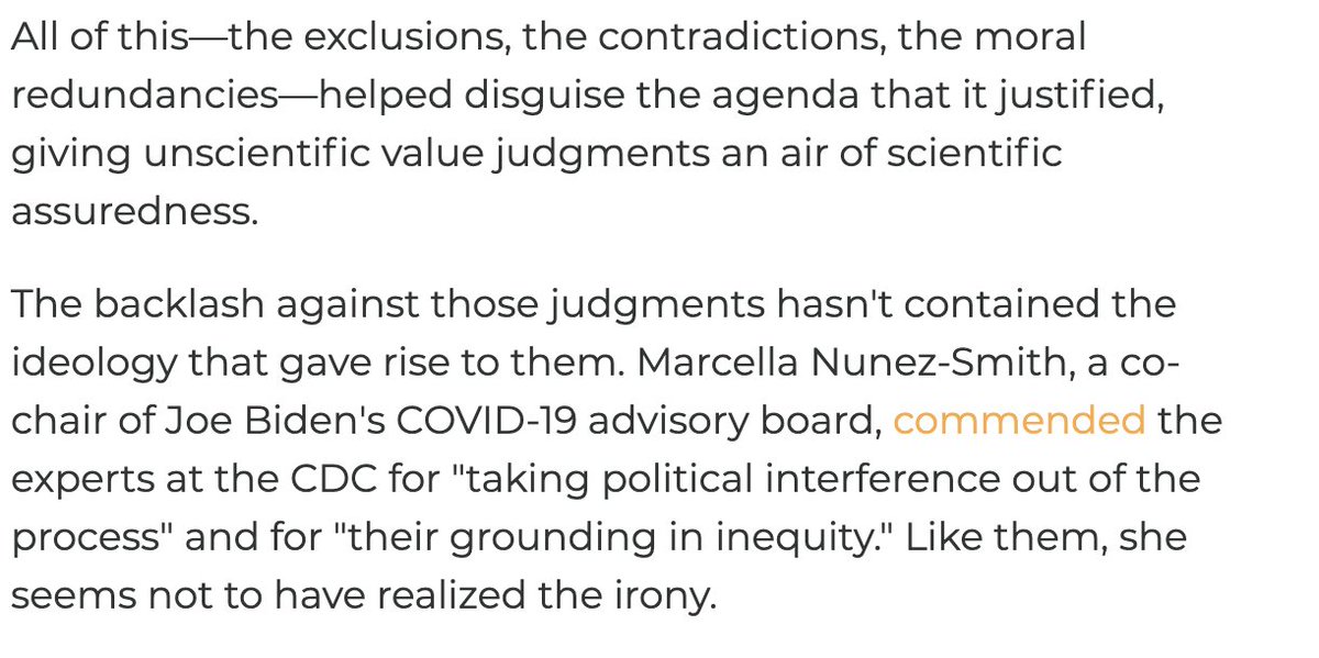 The trick seems to have fooled Marcella Nunez-Smith, a co-chair of Biden's COVID task force, who praised the CDC for "taking political interference out of the process" and for "their grounding in inequity" in the same breath. Like them, she seems not to have realized the irony.
