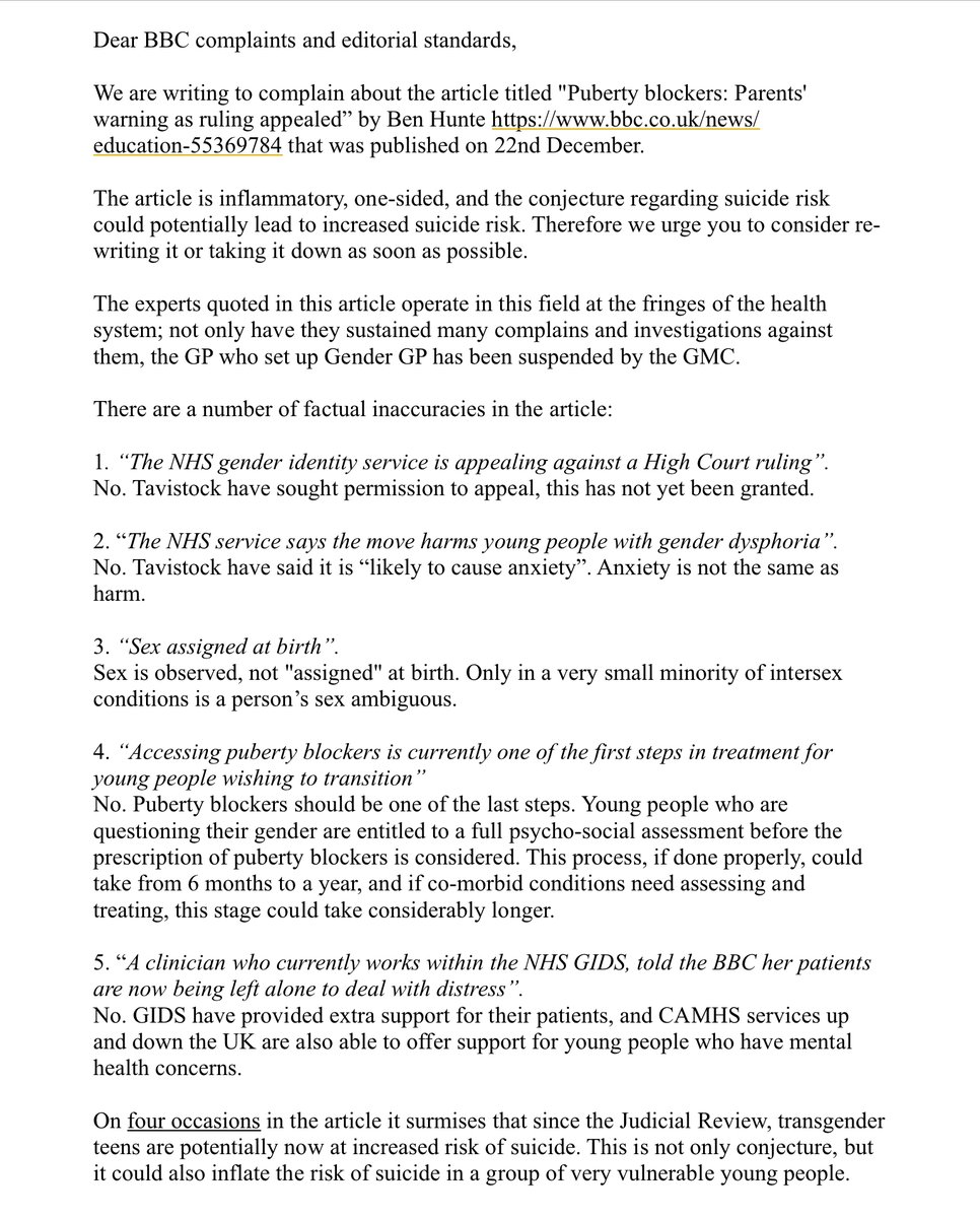 The letter of complaint by a group of doctors, in response to the unethical and inaccurate reporting by  @BBCNews  #BBC regarding Bell vs. Tavistock case.