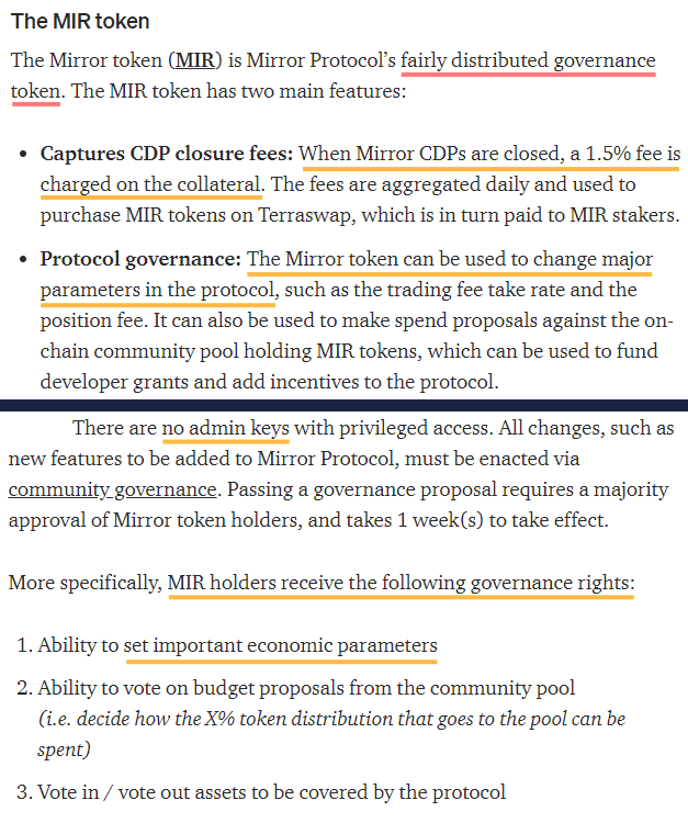 13/  $MIR | Mirror Protocol's token main features and governance functions.Mirror protocol is developed by Terraform Labs which abdicates control to the community and has no intention of keeping or selling any MIR tokens.Fair distribution. Fair launch. Fully decentralized.