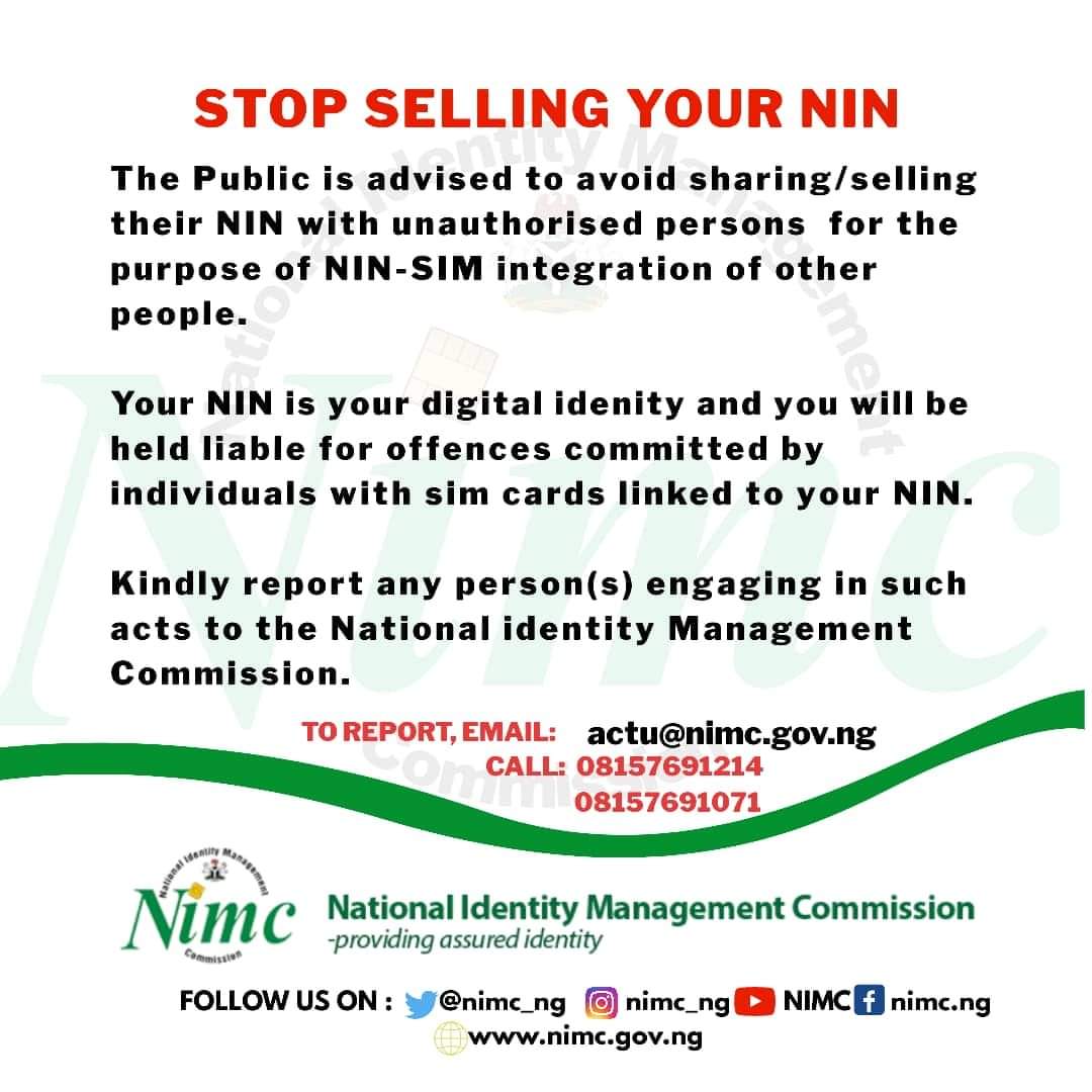 mmdee71's tweet photo. Stop selling and sharing your NIN, it could be used to perpetrate fraud against you. https://t.co/GY1Ex3Kxdx