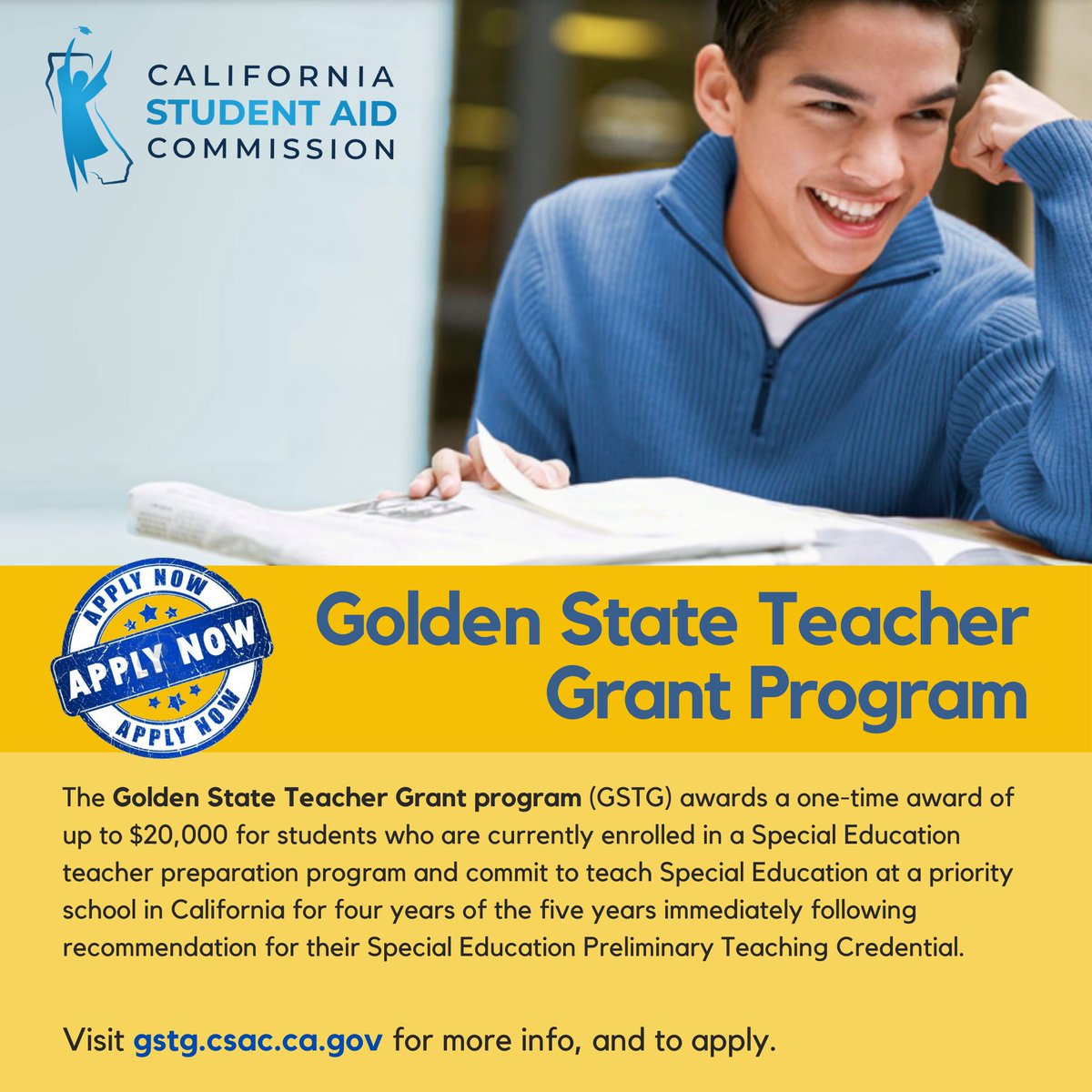 APUSchoolofEd's tweet photo. The Golden State Teacher Grant program is offered through the California Student Aid Commission and awards a one-time award of up to $20,000 to students who are currently enrolled in a Special Education teacher preparation program.  APPLY NOW!
https://t.co/hzQGZQn6Rp https://t.co/b1kAwcq9PM