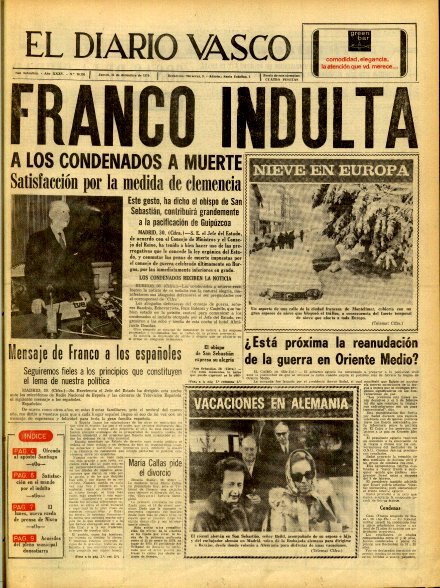 berria1970's tweet photo. Mundu osoko egunkari askok eraman dute indultuaren berria azalera. Espainiako prentsak Francoren «eskuzabaltasuna» nabarmendu du beste ezeren gainetik. #burgos1970 #lehena https://t.co/YRUuWruOFA