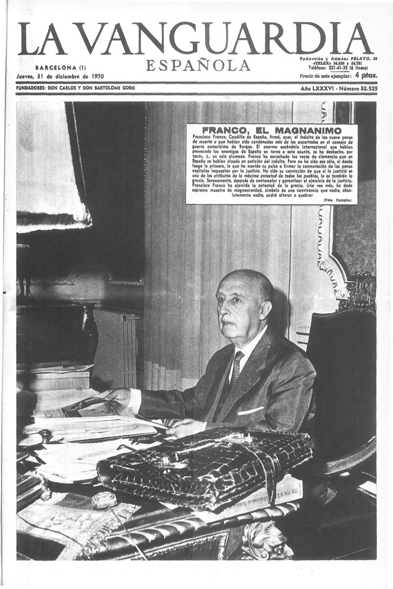 Mundu osoko egunkari askok eraman dute indultuaren berria azalera. Espainiako prentsak Francoren «eskuzabaltasuna» nabarmendu du beste ezeren gainetik. #burgos1970 #lehena