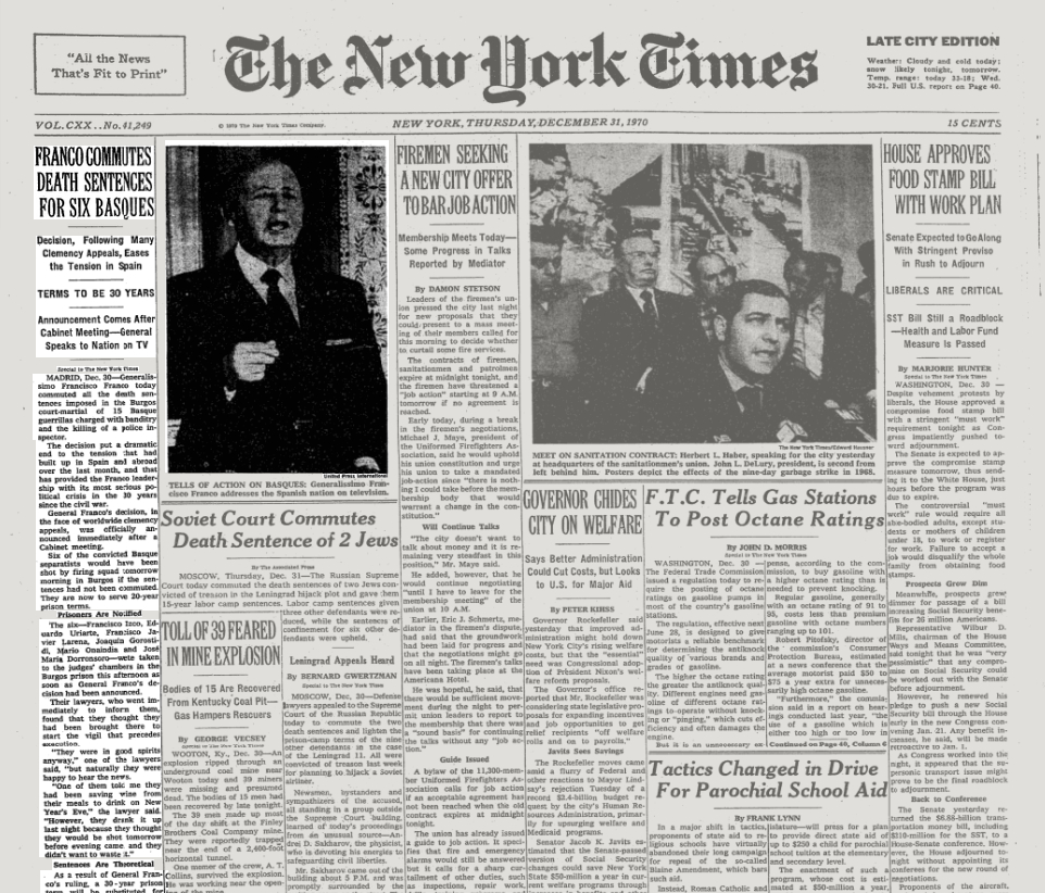 ‘The New York Times’ egunkariak nabarmendu du Franco diktadoreak azkeneko 30 urteetan izan duen «krisi politikorik serioena» izan dela, eta azalean zutabea eman dio exekuzioen barkamenaren berriari. #burgos1970