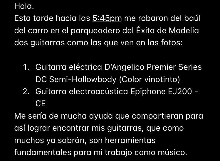 juancabreramus's tweet photo. ¡¡URGENTE!! Ayúdenme a difundir por favor. Me robaron mis guitarras. 

 @PoliciaColombia @almacenesexito https://t.co/Gyg5UMQZRM