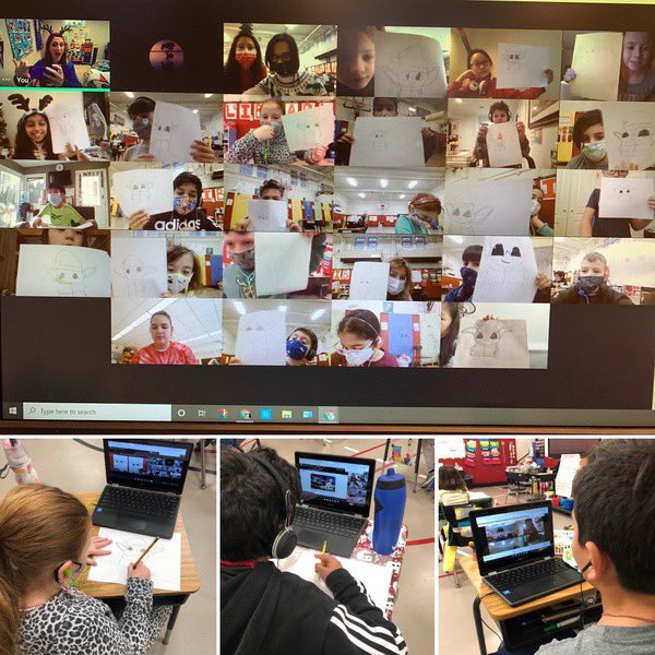 MsPoncet's tweet photo. Today @techknow_teachr and I joined @MrsJHeney and her class on Google Meet! Our students completed a draw along video together, then met in breakout rooms to color their drawings and chat! It was great catching up with our remote learning friends! #ewlearns @NorthSideEW https://t.co/jIBZRGAb9M