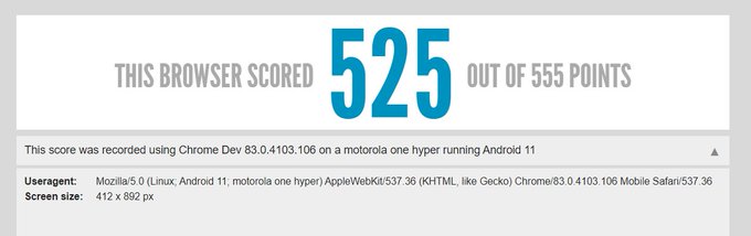 RaghavTechie's tweet photo. Motorola One Hyper running on Android 11 visits HTML5 test.
#Motorola #MotorolaOneHyper https://t.co/ptPIvIBN5S